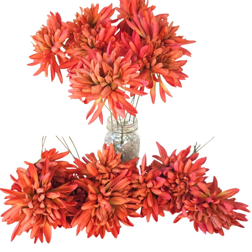 18 Orange Pink Coral Artificial Spider Mum Chrysanthemum Flower Stems Fall